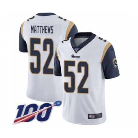 Men's Los Angeles Rams #52 Clay Matthews White Vapor Untouchable Limited Player 100th Season Football Jersey