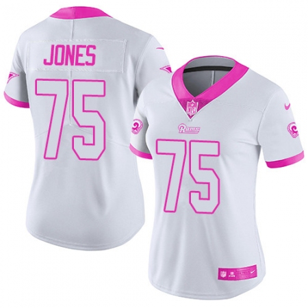 Women's Nike Los Angeles Rams #75 Deacon Jones Limited White/Pink Rush Fashion NFL Jersey