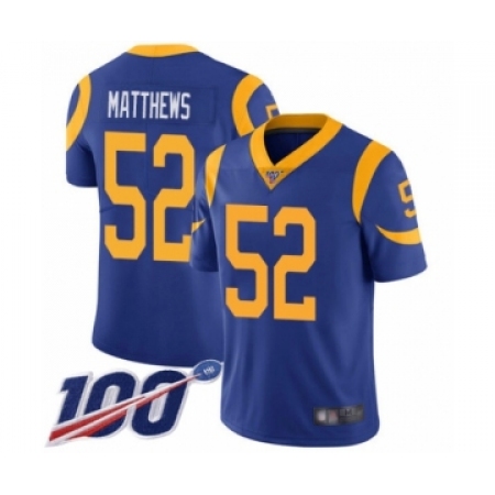 Men's Los Angeles Rams #52 Clay Matthews Royal Blue Alternate Vapor Untouchable Limited Player 100th Season Football Jersey