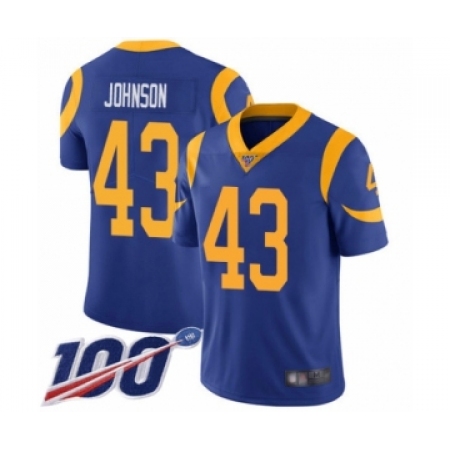 Men's Los Angeles Rams #43 John Johnson Royal Blue Alternate Vapor Untouchable Limited Player 100th Season Football Jersey