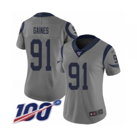 Women's Los Angeles Rams #91 Greg Gaines Limited Gray Inverted Legend 100th Season Football Jersey