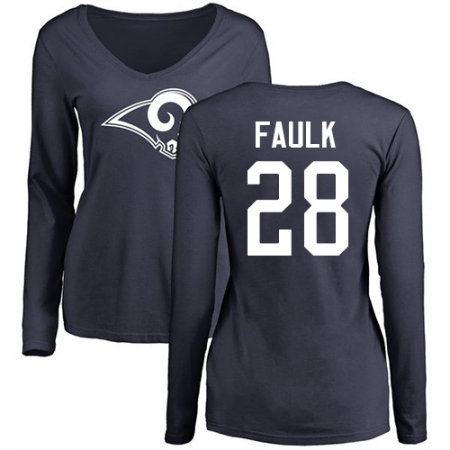 NFL Women's Nike Los Angeles Rams #28 Marshall Faulk Navy Blue Name & Number Logo Slim Fit Long Sleeve T-Shirt