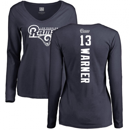 NFL Women's Nike Los Angeles Rams #13 Kurt Warner Navy Blue Backer Slim Fit Long Sleeve T-Shirt