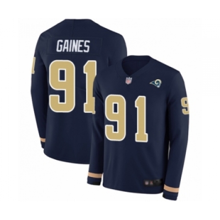 Men's Los Angeles Rams #91 Greg Gaines Limited Navy Blue Therma Long Sleeve Football Jersey