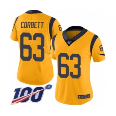 Women's Los Angeles Rams #63 Austin Corbett Limited Gold Rush Vapor Untouchable 100th Season Football Jersey