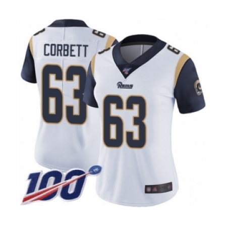 Women's Los Angeles Rams #63 Austin Corbett White Vapor Untouchable Limited Player 100th Season Football Jersey