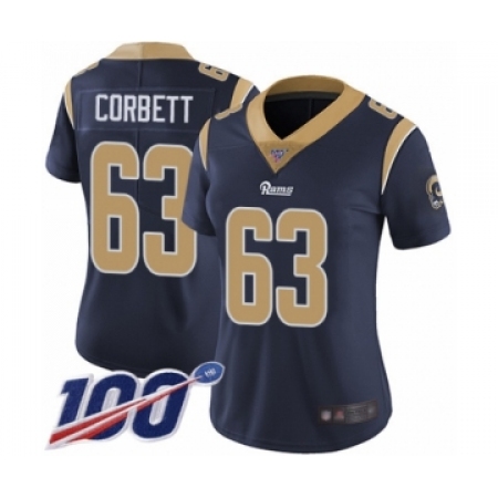 Women's Los Angeles Rams #63 Austin Corbett Navy Blue Team Color Vapor Untouchable Limited Player 100th Season Football Jersey